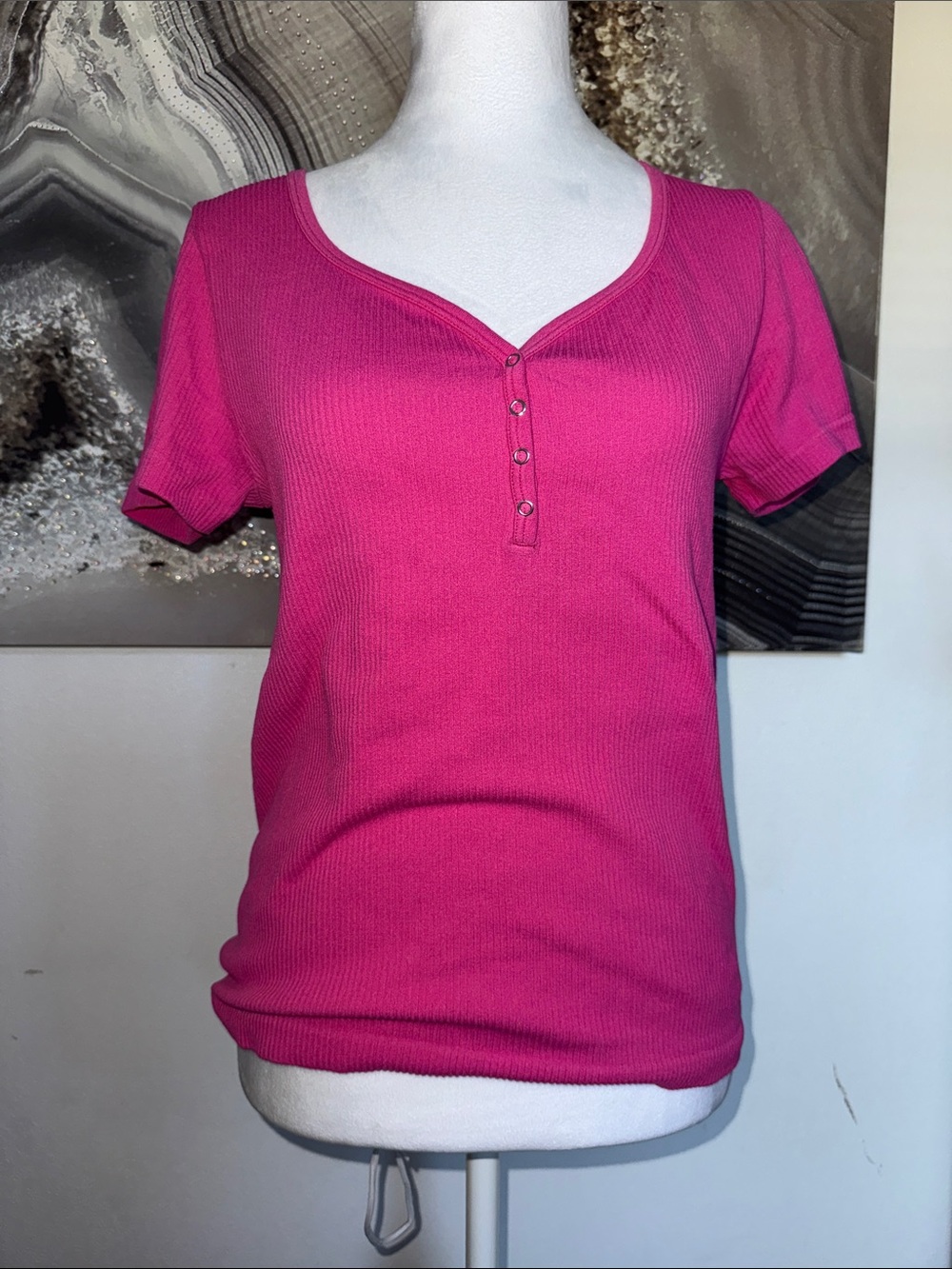 No Boundaries Hot Pink Short Sleeve Henley Tee